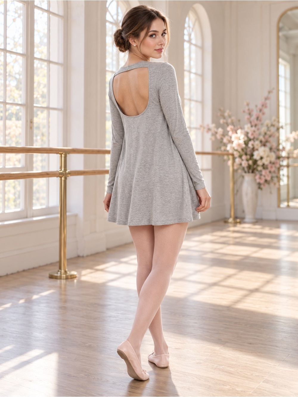 RE:NAMED Gray Open Back Long Sleeve A-Line Tunic Mini Dress Balletcore Jersey
